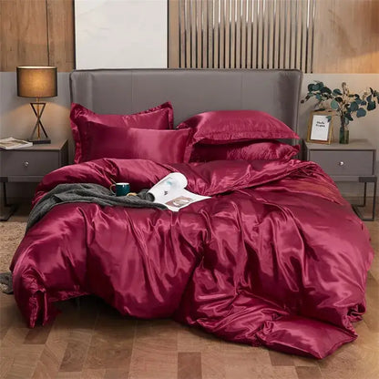 DecorBites luxury solid color pcduvet cover set in rich burgundy satin with smooth glossy finish for width bed use