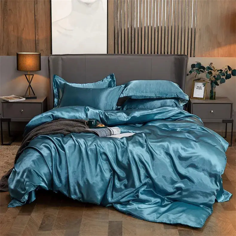Teal satin DecorBites luxury solid color four-piece bedding set with matching pillows and pcduvet cover for width bed