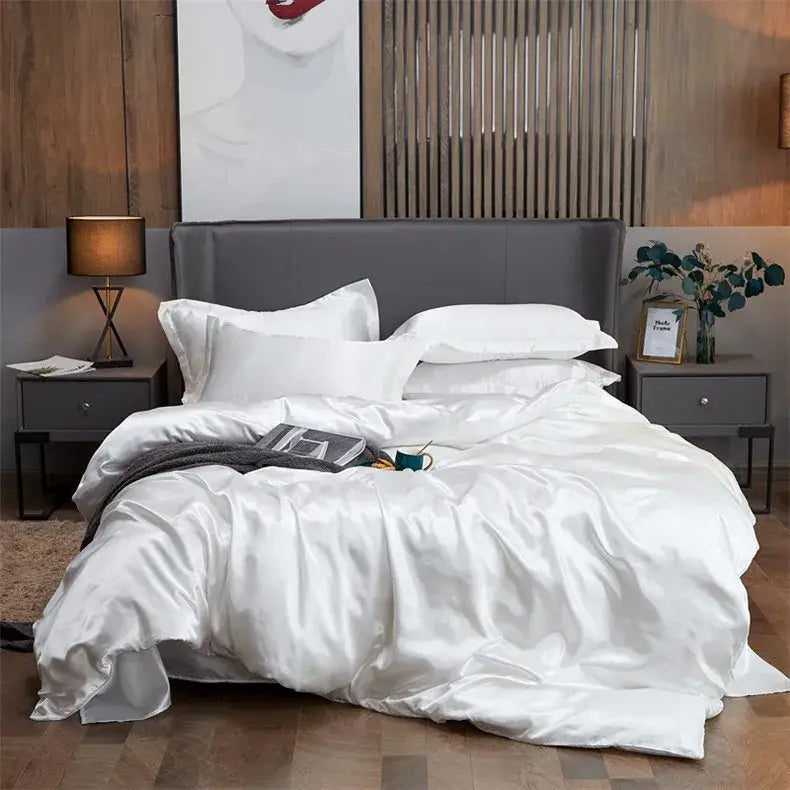 DecorBites™ luxury white satin pcduvet cover set with smooth glossy finish for twin queen king width bed solid color bedding