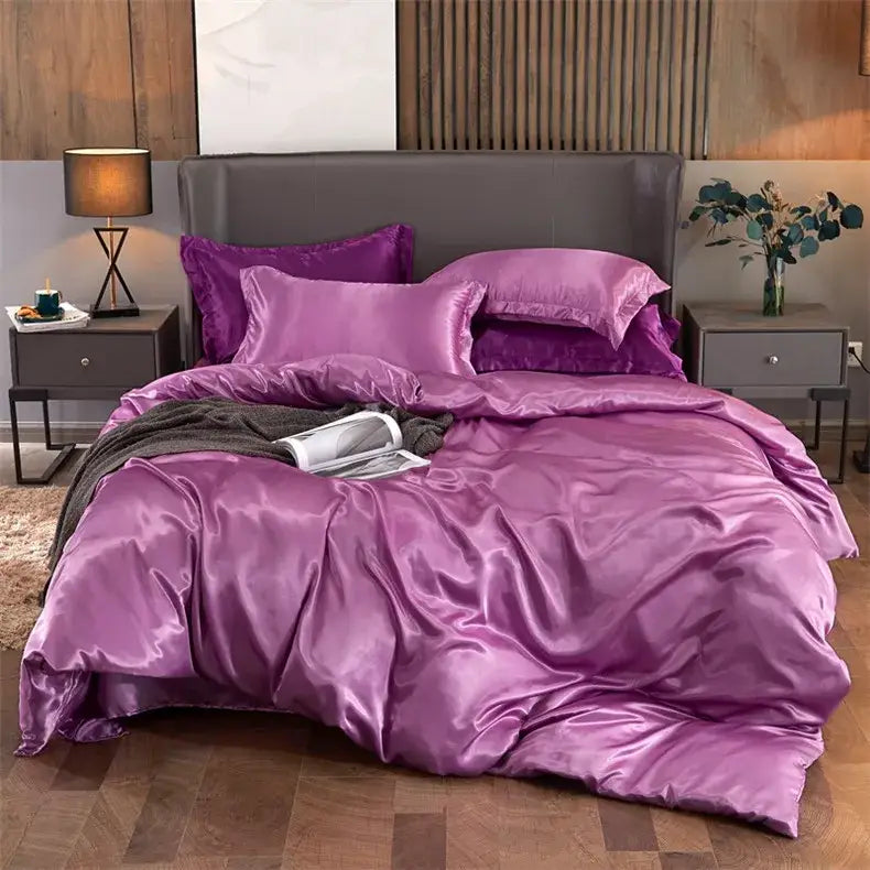 Lush purple satin DecorBites™ luxury solid color pcduvet cover bedding set with glossy finish for twin queen king width bed