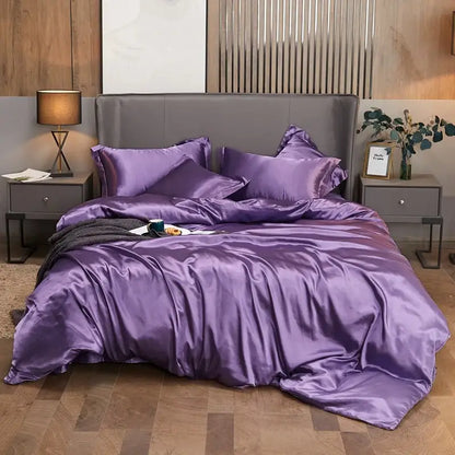 Decorbites luxury solid color purple satin bedding set with pcduvet cover and matching pillows for width bed options