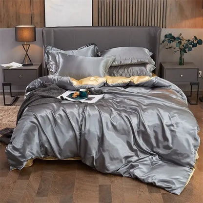 Luxurious silver satin pcduvet cover set with gold inner lining and matching pillows for width bed by decorbites luxury solid color