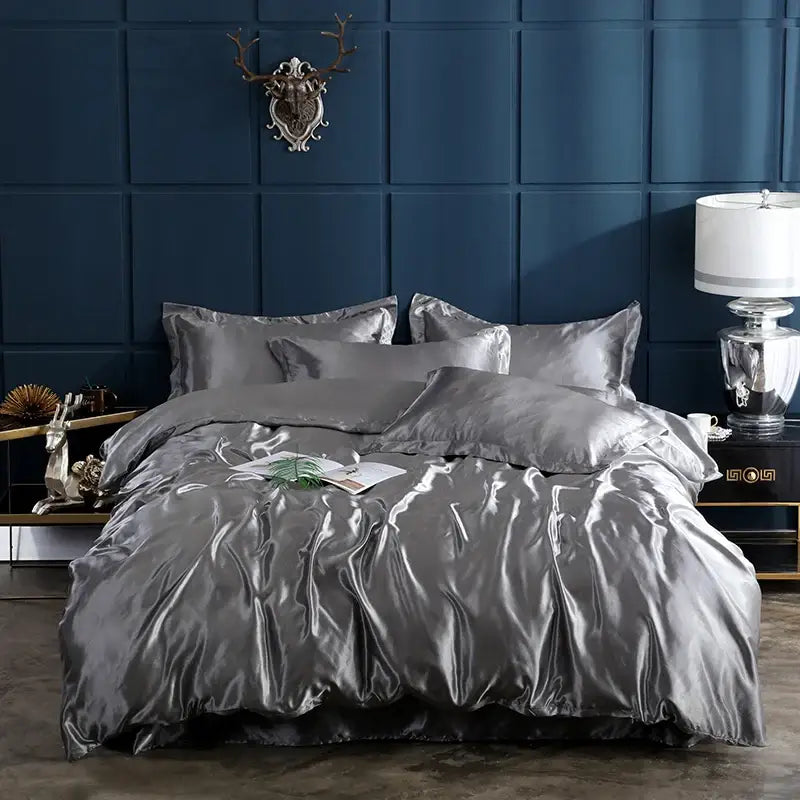 Shiny silver satin DecorBites™ luxury solid color bedding set with matching pillows and pcduvet cover for width bed