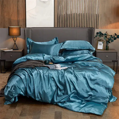 Teal satin four-piece solid color pcduvet cover bedding set by decorbites for twin queen and king width bed sizes