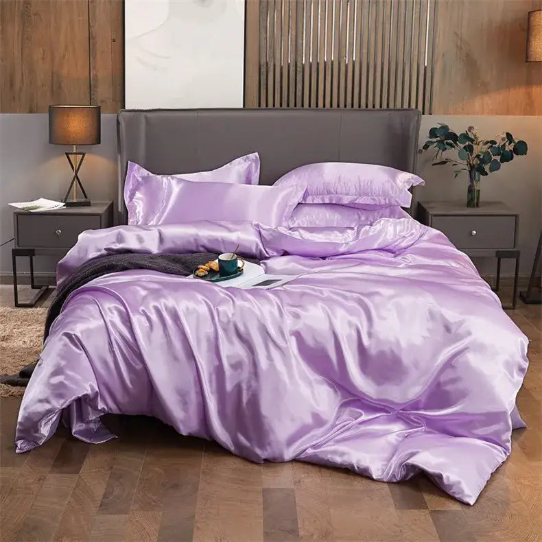 Lavender satin bedding set with glossy finish and matching pillows by decorbites featuring pcduvet cover and pcbed sheet