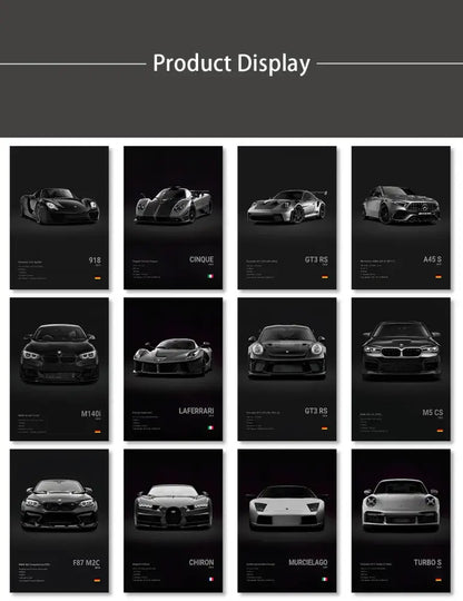 Black-and-white canvas wall art featuring luxury sports cars including Porsche 918, Pagani Cinque, and Ferrari LaFerrari