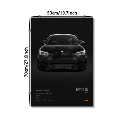 Black bmw m140i 2016 model canvas wall art featuring a sleek glossy finish and bold front grille design by DecorBites™
