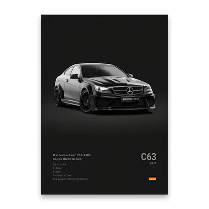 Black mercedes-benz c63 amg coupe canvas wall art with glossy finish and aggressive aerodynamic design by decorbites luxury sports car