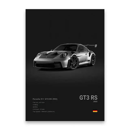 Decorbites luxury silver porsche 911 gt3 rs canvas wall art with black racing stripes and performance specs printed below