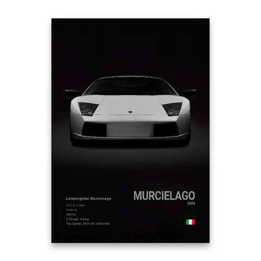 White Lamborghini Murcielago 2001 canvas wall art featuring a sleek sports car with angular headlights and grille design