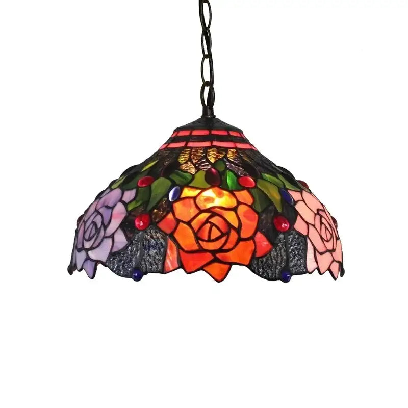 DecorBites™ luxury Tiffany style stained glass pendant light with vibrant rose designs in orange pink purple and green leaves