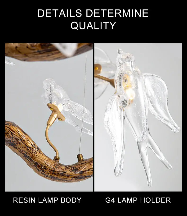 DecorBites luxury vintage glass bird chandelier featuring a clear glass bird lamp with gold-toned g4 holder and resin base