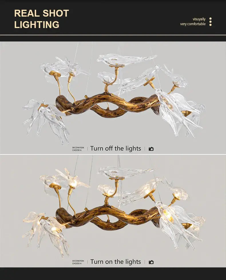 DecorBites luxury vintage glass bird chandelier with twisted wooden branch base and clear glass bird lights