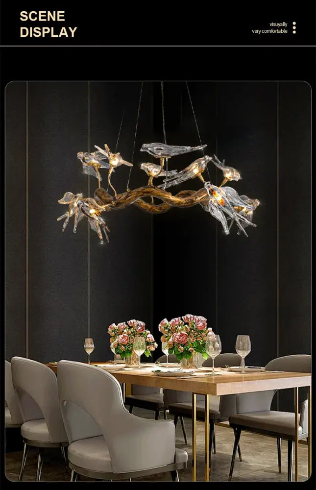 Elegant gold-toned decorbites luxury vintage glass bird chandelier with intricate bird leaf designs and translucent glass elements