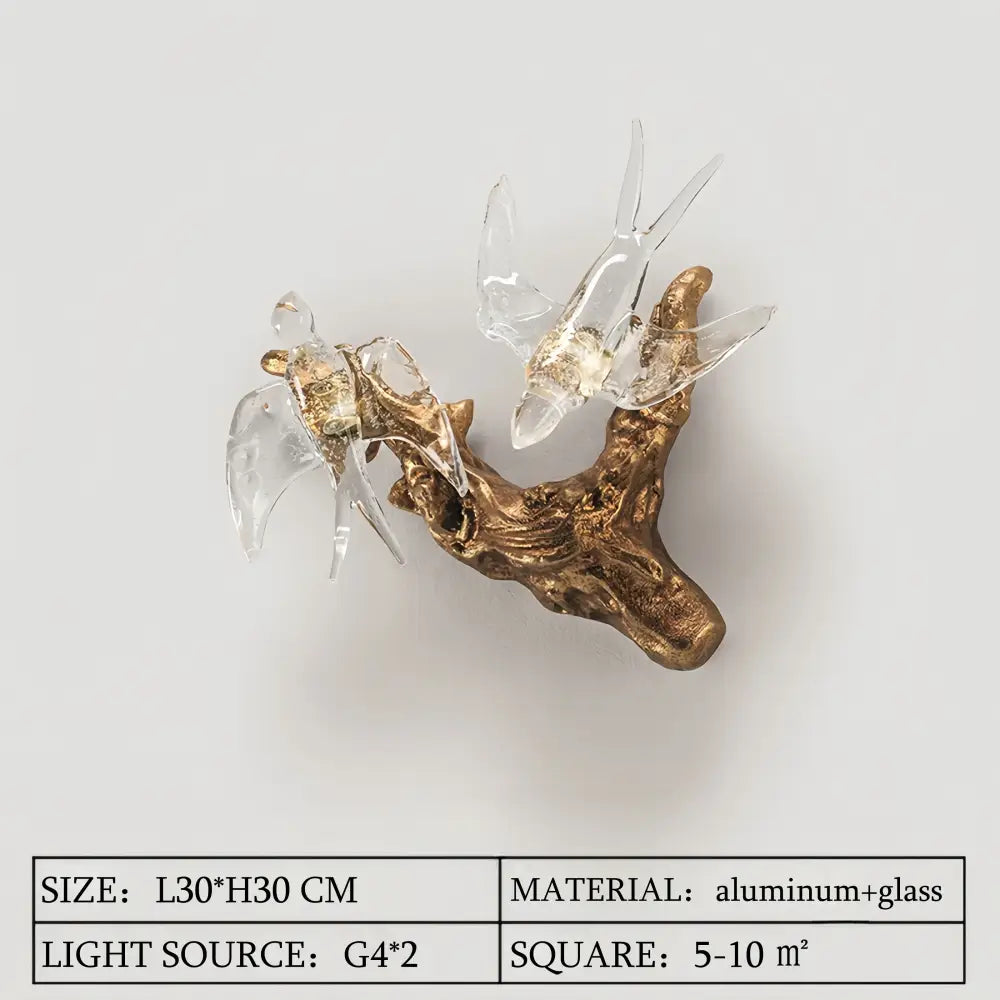 DecorBites™ luxury vintage glass bird chandelier with gold aluminum and glass birds on a wall-mounted branch design