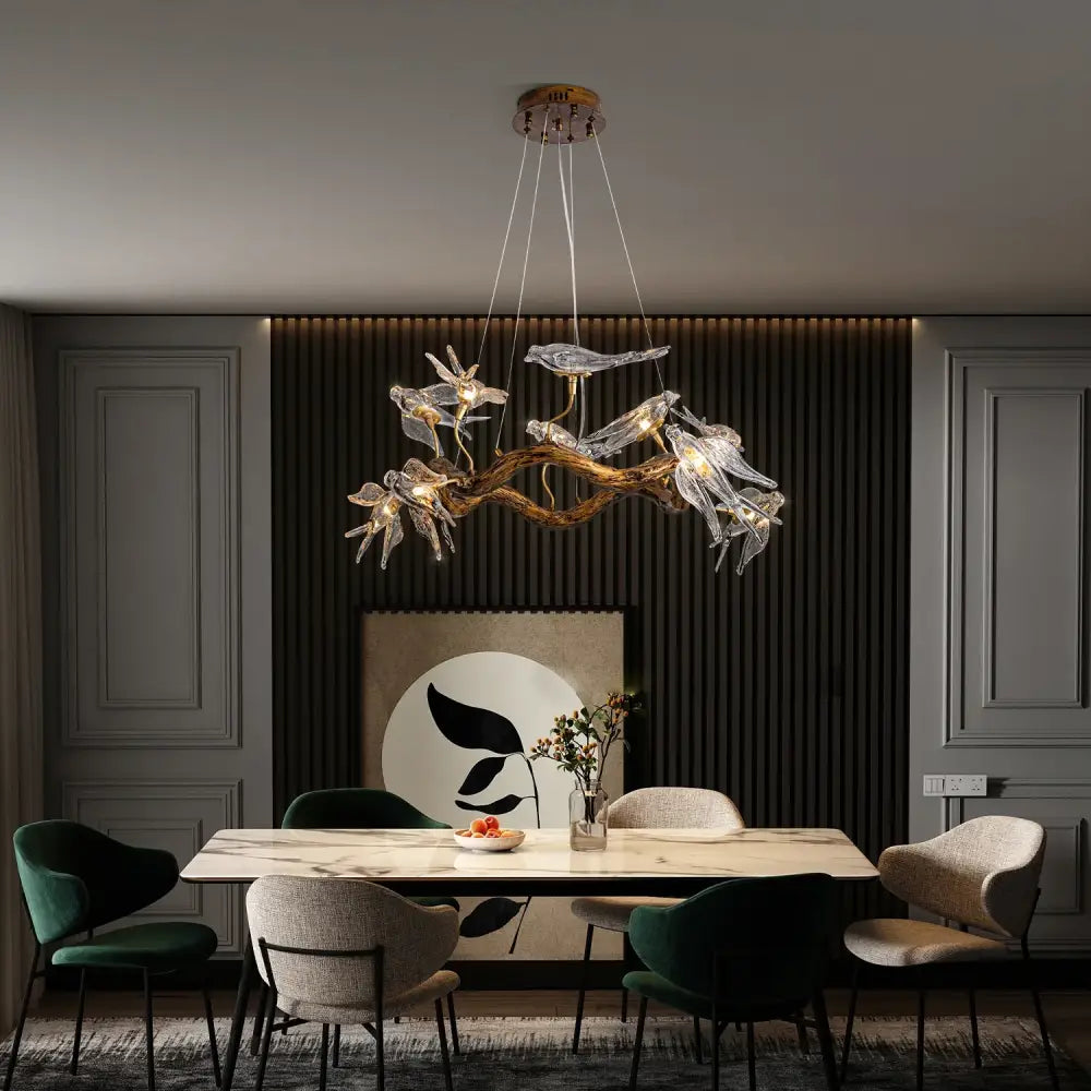 DecorBites luxury vintage glass bird chandelier with golden branch design and clear leaf-shaped glass elements