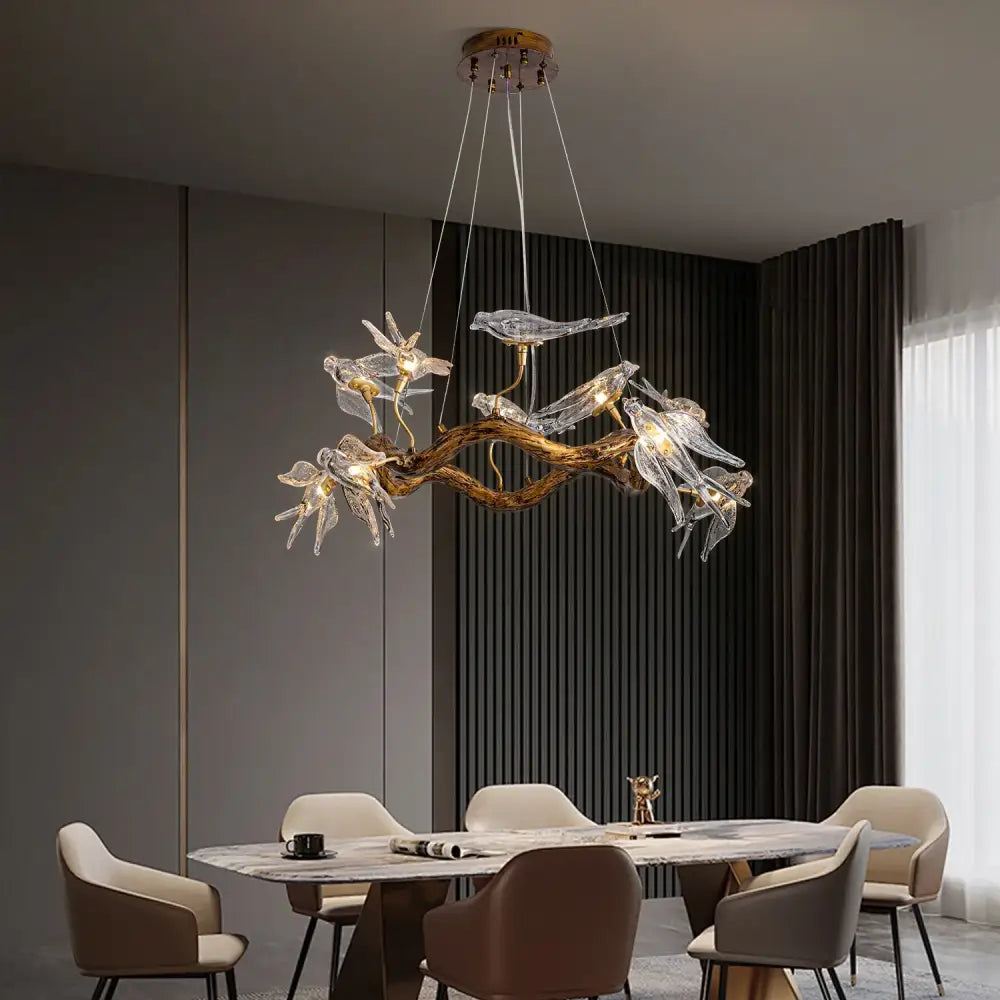 DecorBites™ luxury vintage glass bird chandelier with golden branch design and translucent winged bird lights