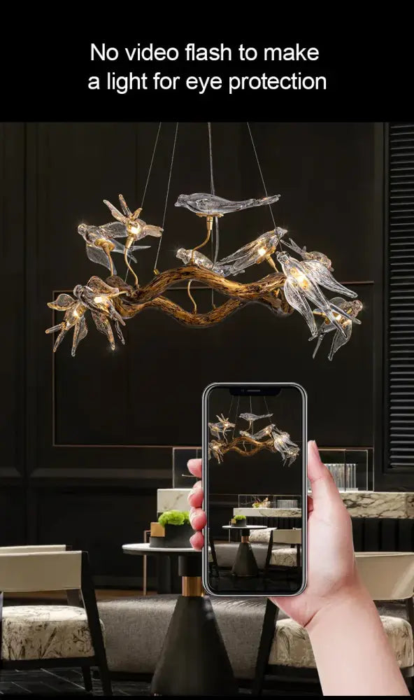 DecorBites™ luxury vintage glass bird chandelier with translucent glass dragonflies on dark bronze branches