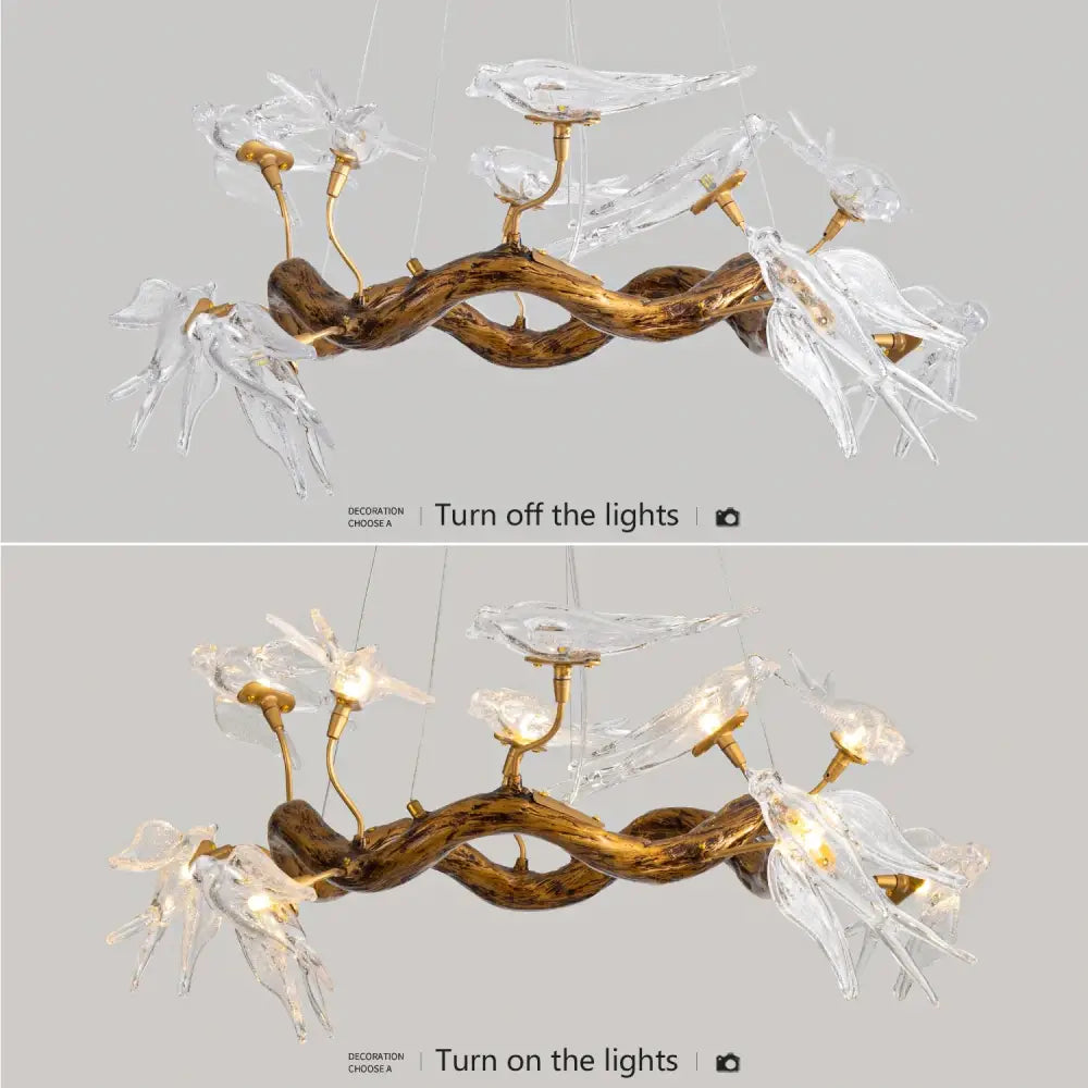 DecorBites™ luxury vintage glass bird chandelier with twisted dark wood base and translucent glass birds on golden fixtures