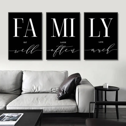 Three black-framed luxury wall art pieces with white serif lettering for living room decor from decorbites wall art set