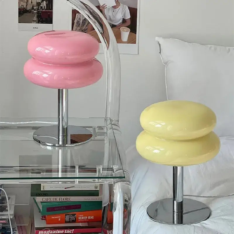 Decorbites™ macaron lamp italian designer table lamps with pink and yellow glossy donut-shaped shades and chrome stems