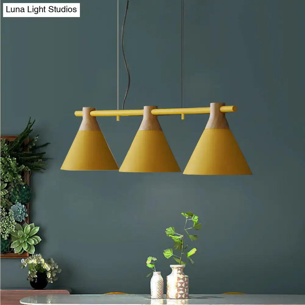 DecorBites™ Macaron metal restaurant pendant light fixture with three yellow conical bulbs and wooden accents 220v-240v 110v-120v