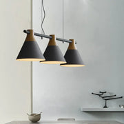Decorbites™ macaron metal restaurant light fixture with three matte black conical shades and natural wood accents 220v-240v 110v-120v