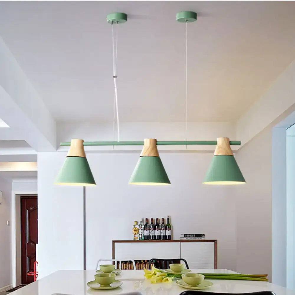 Decorbites™ macaron metal restaurant pendant light fixture with three yellow green conical shades in mint wood finish 220v-240v 110v-120v