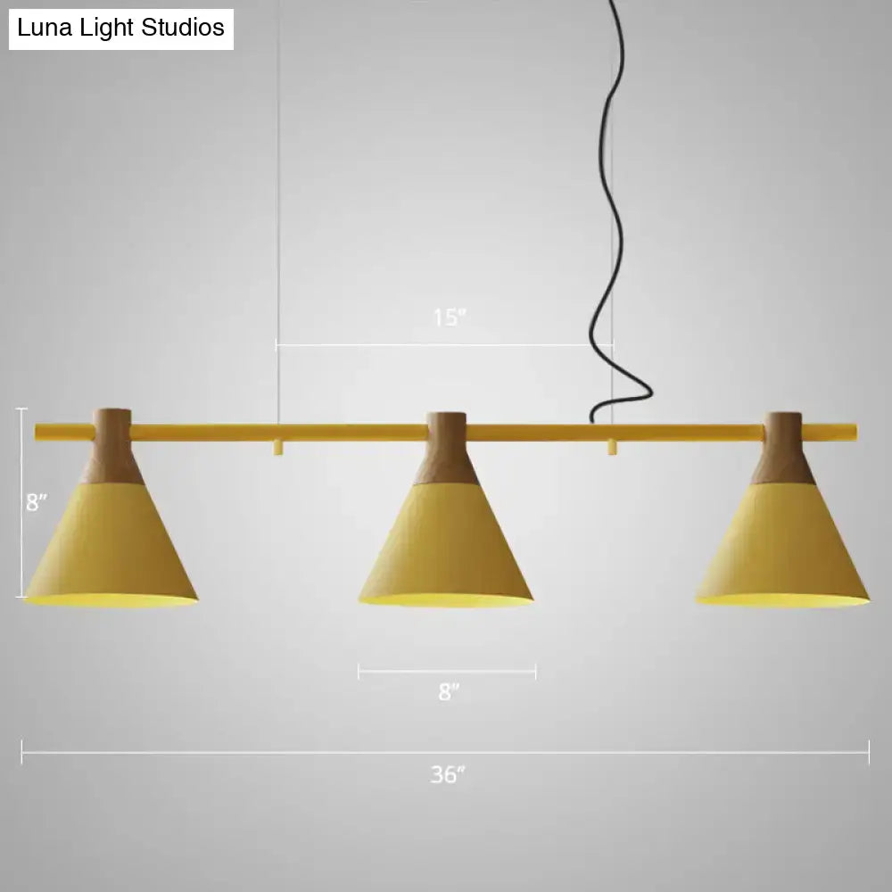 DecorBites™ Macaron metal restaurant pendant light with three yellow conical metal bulbs and wooden accents 220v-240v 110v-120v