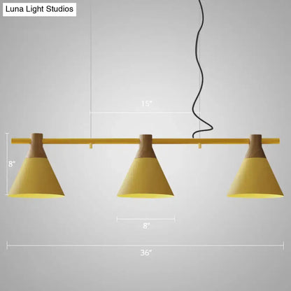 DecorBites™ Macaron metal restaurant pendant light with three yellow conical metal bulbs and wooden accents 220v-240v 110v-120v