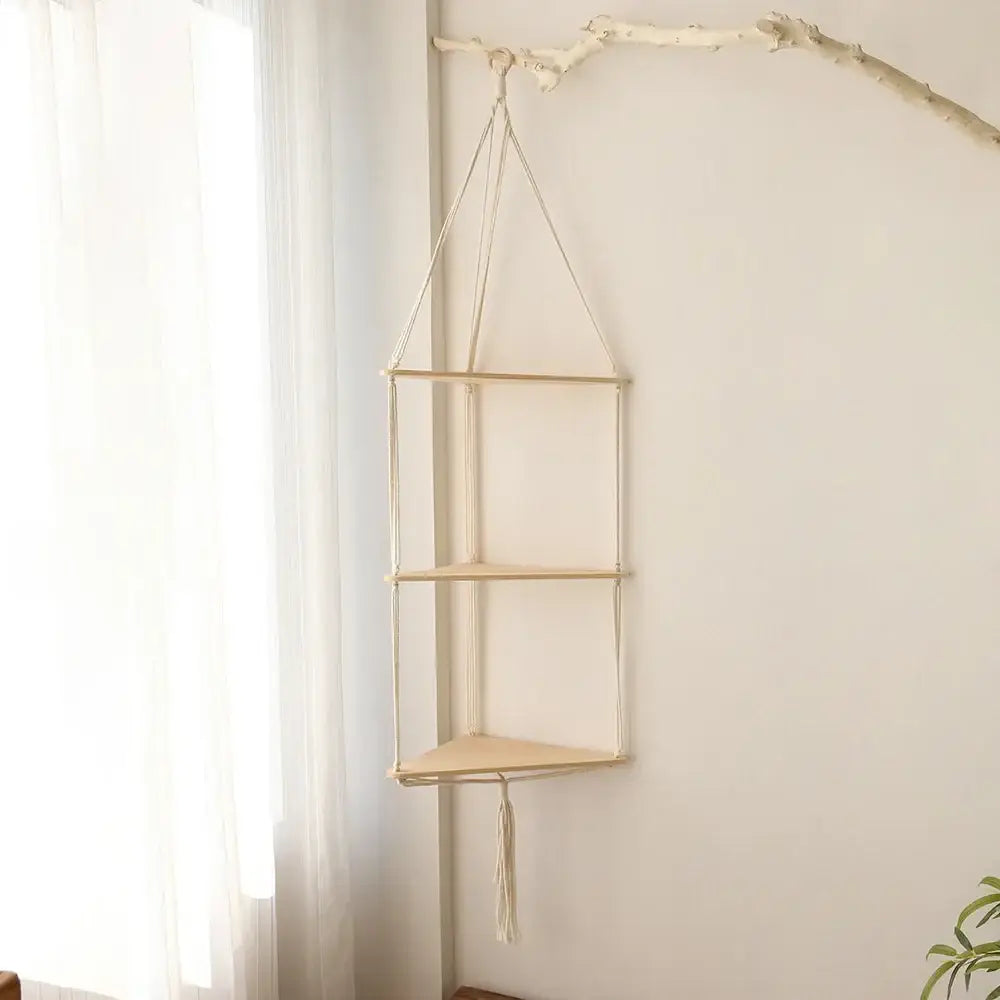 DecorBites™ macrame wall hanging corner shelf with three light wood shelves and natural-colored cords for boho decor