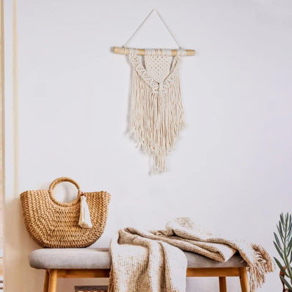 Beige macrame wall hanging with wooden dowel and fringe decorbites chic bohemian geometric art decor tapestry