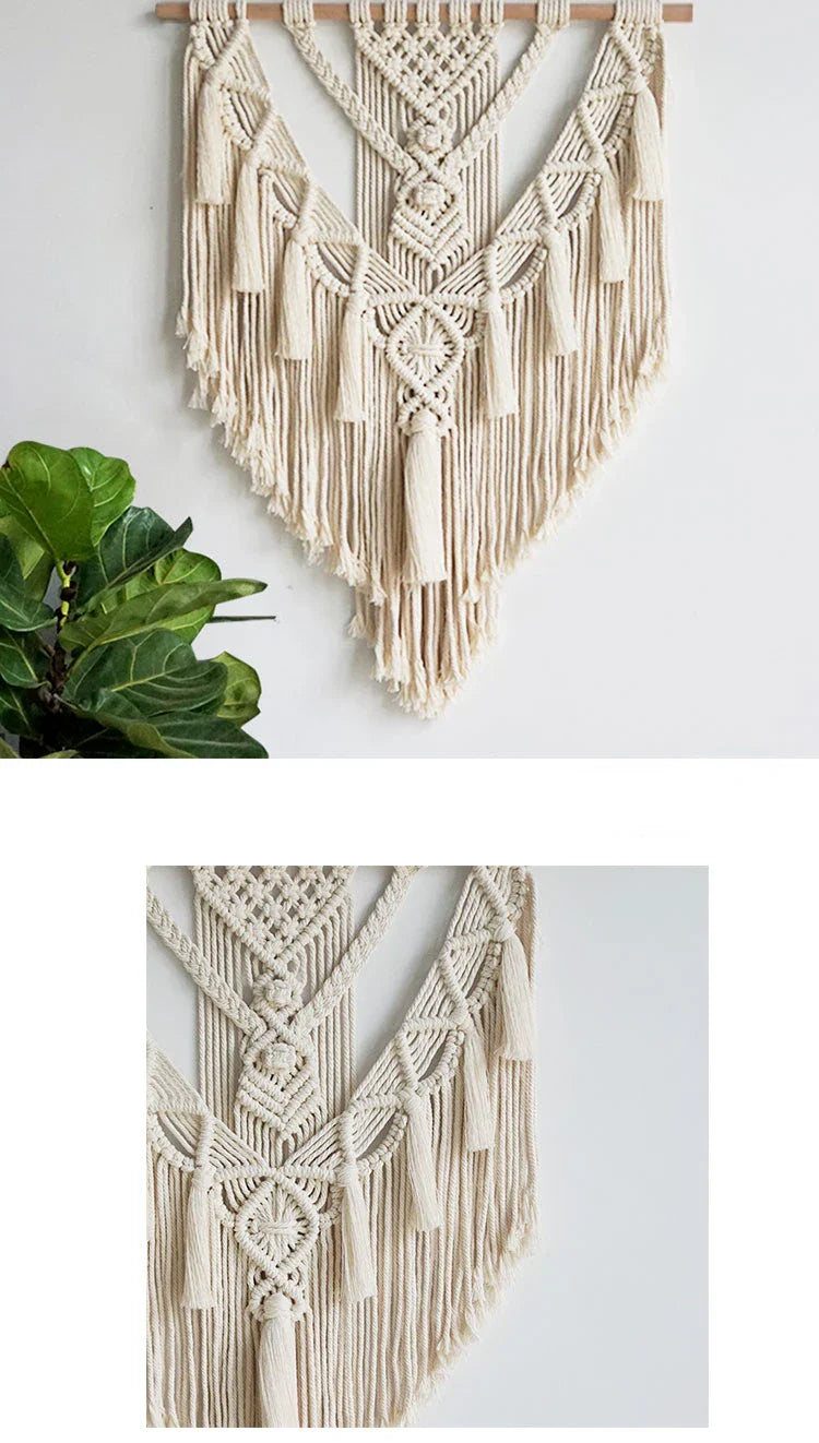 Beige macrame wall hanging with intricate geometric patterns and tassels for chic bohemian home decor by DecorBites