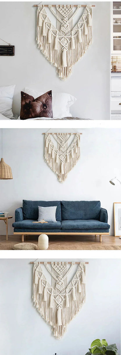 Beige macrame wall hanging with intricate knotwork and tassels for chic bohemian decor by decorbites