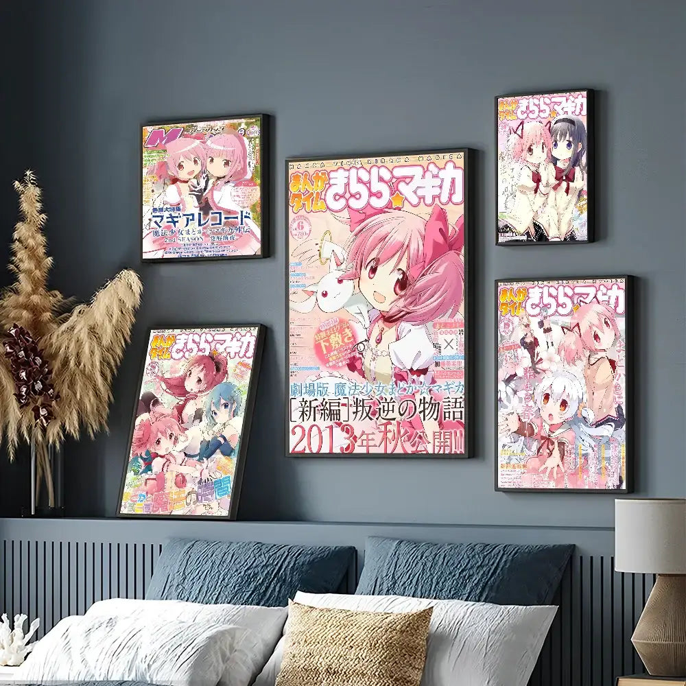 Five framed madoka magica wall art posters featuring pink-haired puella magi madoka characters in black frames