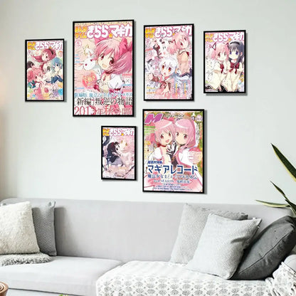Decorbites™ madoka magica wall art featuring five framed pink-haired puella magi madoka anime posters in a modern living room
