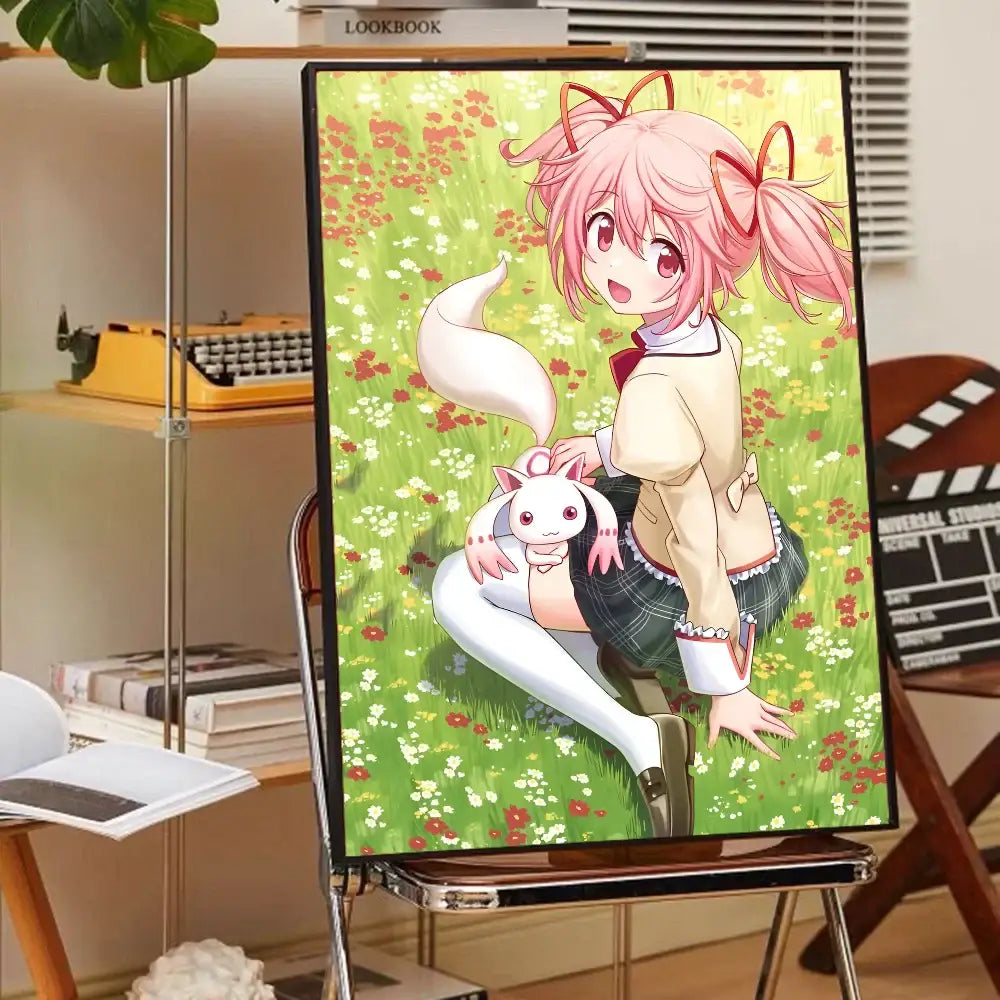 A framed madoka magica anime wall art featuring a pink-haired girl with cat ears in a vibrant green field background