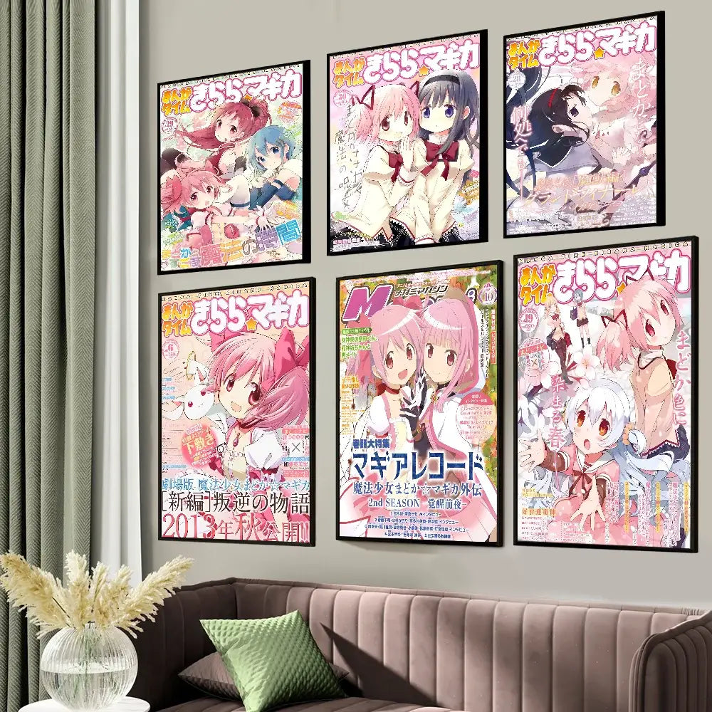Six framed madoka magica anime posters featuring colorful pink hair characters displayed as high-quality wall art decor