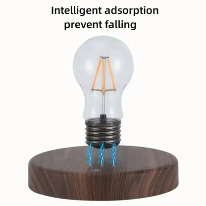 A clear glass edison-style bulb magnetically levitates above a dark wood base in the decorbites magnetic levitation lamp