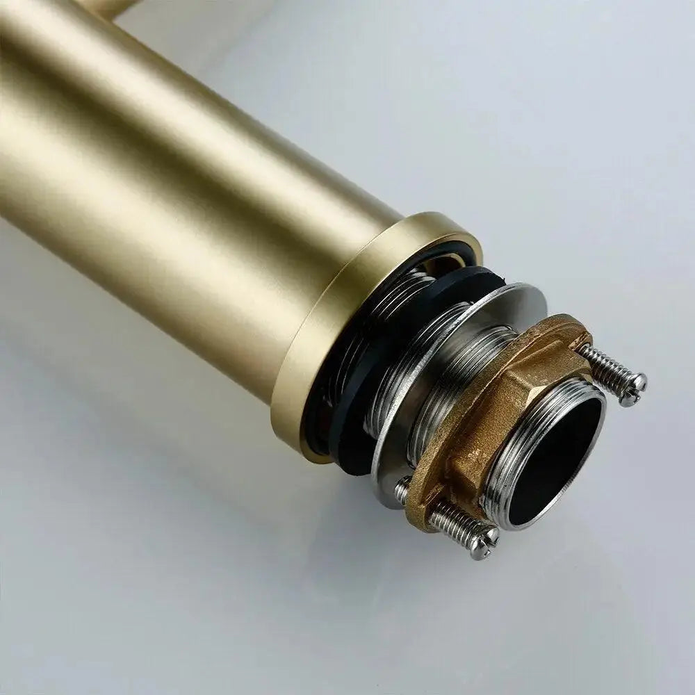 Gold-finished brass decorbites™ malena deck mounted bathroom faucet with threaded connection and black rubber gasket