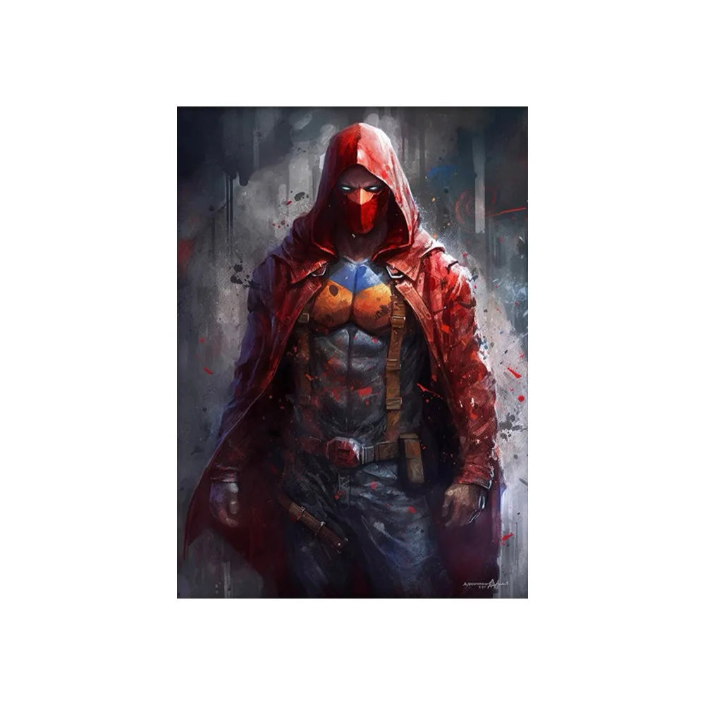 Decorbites™ marvel canvas wall art print featuring a red hooded vigilante in blood-splattered cape and armored vest