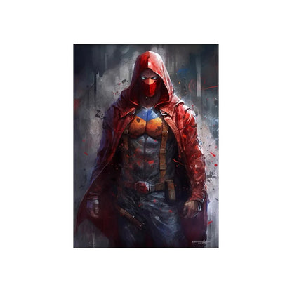 Decorbites™ marvel canvas wall art print featuring a red hooded vigilante in blood-splattered cape and armored vest