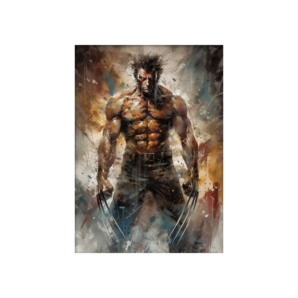 Decorbites™ marvel canvas wall art print featuring a muscular tattooed wolverine in bold brown orange and black brushstrokes