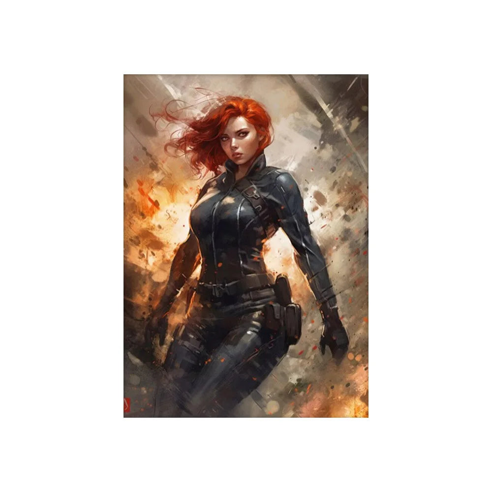 DecorBites Marvel canvas wall art print featuring Black Widow in a sleek black tactical suit with fiery background