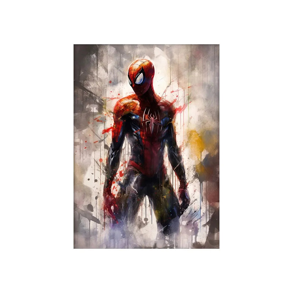 A dynamic spider-man illustration in red blue and black on an abstract background canvas wall art for marvel decor