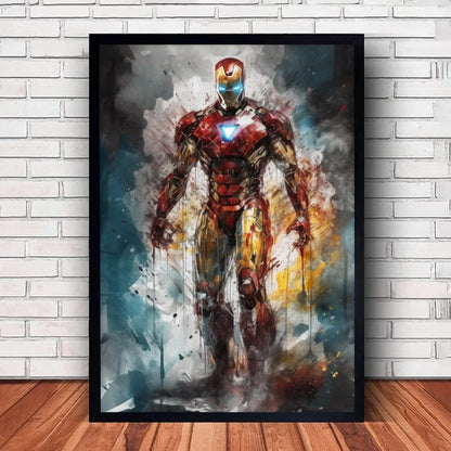 A framed marvel canvas wall art print featuring iron man in red and gold armor with glowing blue lights in watercolor style