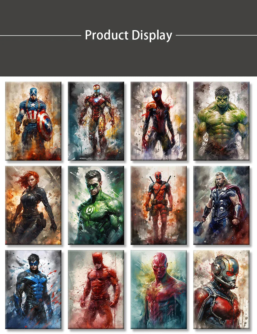 Set of twelve decorbites marvel canvas wall art prints featuring vibrant superhero artwork with textured paintbrush effect