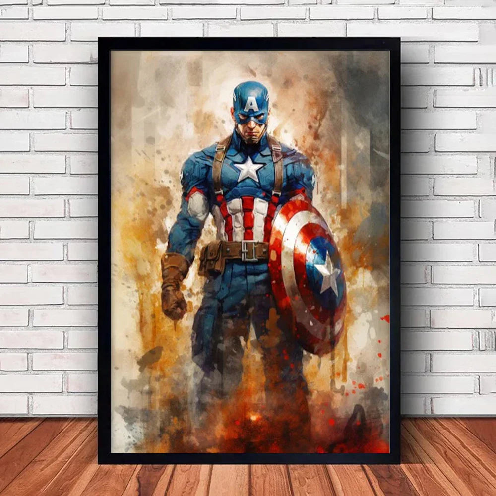 A framed DecorBites Marvel canvas wall art print featuring captain America in blue white and red suit holding shield