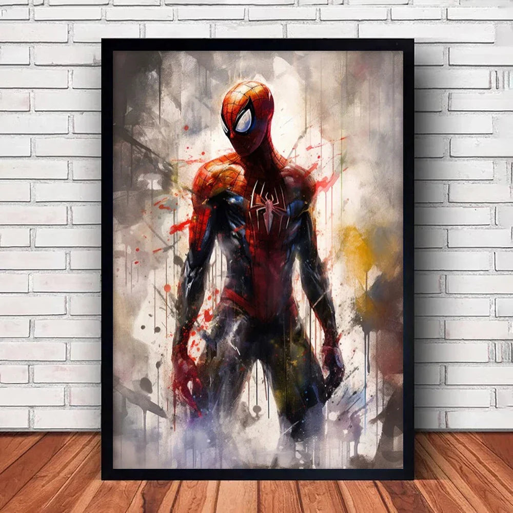 A framed marvel canvas wall art print featuring spider-man in a red and blue suit with dynamic paint splatter effects