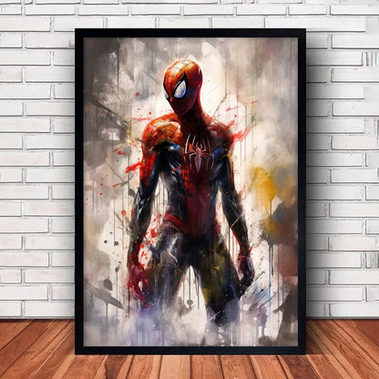 A framed marvel canvas wall art print featuring spider-man in a red and blue suit with dynamic paint splatter effects
